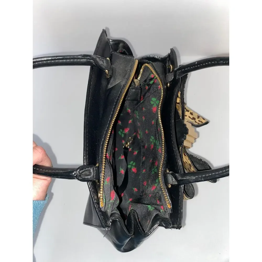 Betsey Johnson Black Satchel Handbag with Leopard Bow Accent